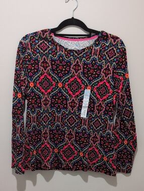 Women’s Cotton Petite Long-Sleeve Floral Geo Print Top - Black/Pink